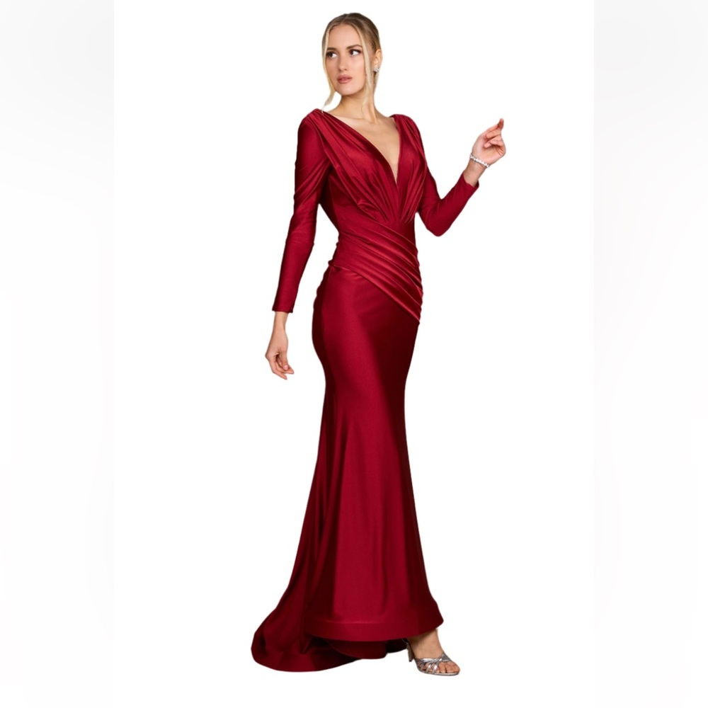 Dylan & Davids Burgundy Satin Gown Size 10 Long Sleeve Deep V Formal Dress NWT